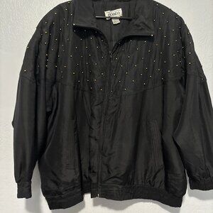 Vintage CoAco Bomber 100% Silk Jacket Zip Bomber Black; Gold Beaded Women’s 2X